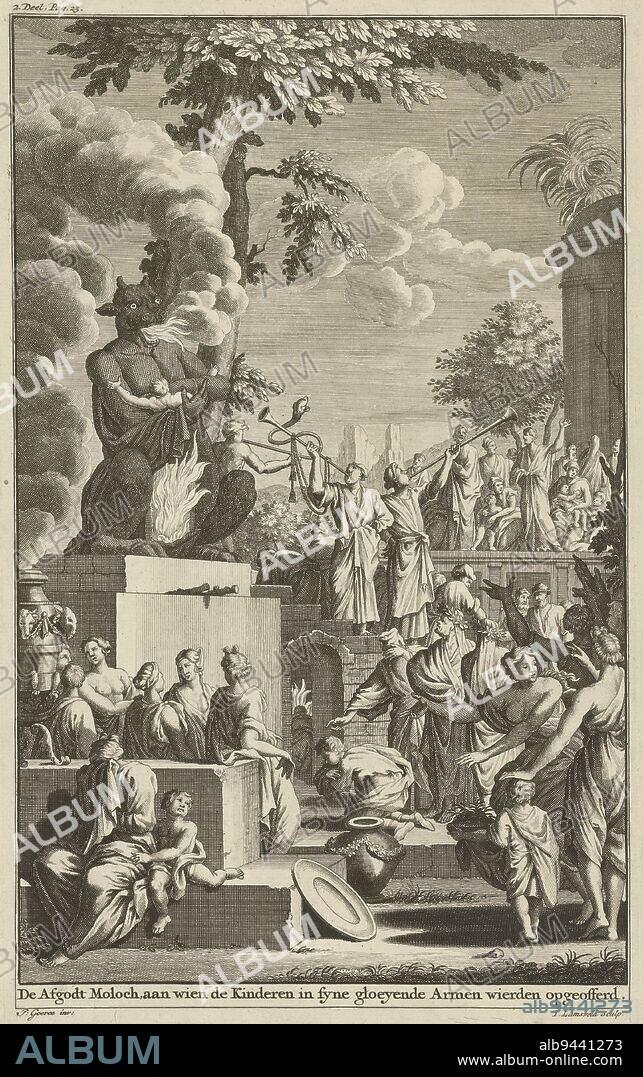 Biblical scene from the Old Testament The idol Moloch holds a child sacrificed to him by the Israelites Around the statue of Moloch a crowd of people looks on, next to the statue three figures blow the trumpet Print marked at upper right: 2 Part, Page 23, The idol Moloch receives human sacrifices The idol Moloch, to whom the children in their glowing arms were offered , print maker: Jan Lamsvelt, (mentioned on object), P. Goeree, (mentioned on object), 1684 - 1743, paper, engraving, h 283 mm × w 173 mm.
