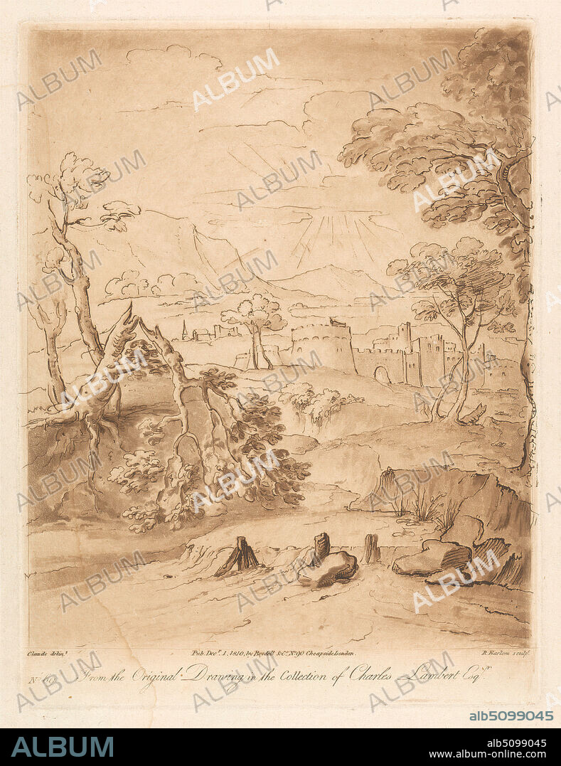 A Study, Print made by Richard Earlom, 17431822, British, after Claude Lorrain, 16001682, French, Published by Boydell & Co., 17201804, British, 1810, Aquatint and etching printed in brown ink on moderately thick, slightly textured, cream wove paper, Sheet: 16 15/16 x 10 3/8 inches (43 x 26.4 cm), Plate: 9 1/4 x 7 inches (23.5 x 17.8 cm), and Image: 8 3/8 x 6 3/4 inches (21.2 x 17.2 cm), arch, castle, creek, fortress, geology, landscape, mountains, rocks (landforms), science, stream, sunlight, sunset, trees, walls, waterfall.