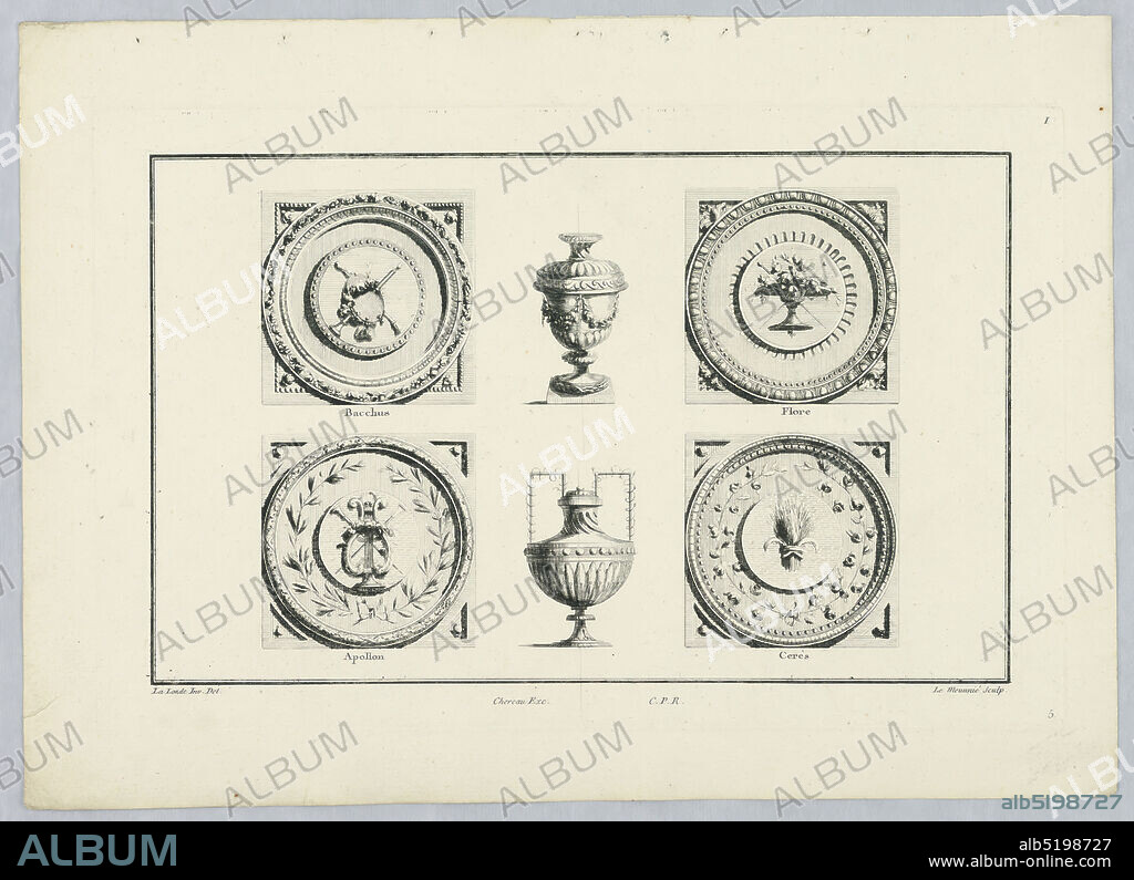 Vessels and Roundels with Attributes of Bacchus, Flora, Apollo, and Ceres, Richard de Lalonde, French, active 178096, C. le Meunnié, French, active 1768 - 1796, Jacques-François Chéreau, French, 1742 - 1794, Engraving on paper, Vessels and roundels with attributes of Bacchus, Flora, Apollo, and Ceres., France, ca. 17781782, Print, Print.