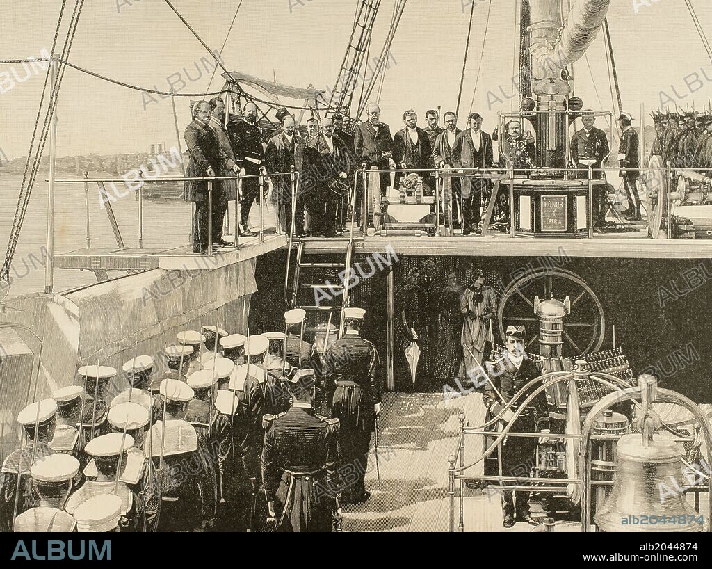 History of Uruguay. Montevideo. The President of the Republic of Uruguay, Julio Herrera y Orbes (1841-1912) visiting the war ship of the Spanish Navy, "Infanta Isabel". Engraving. The Spanish and American Illustration. 1890.