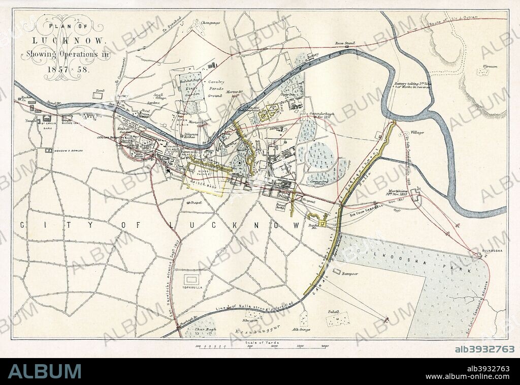 Siege of Lucknow, India, 1857, (1893). In 1857, Lucknow, the capital of the state of Oudh, was the scene of a historic defence by the British during the Sepoy Mutiny (Indian Mutiny/First War of Indian Independence) against British rule. The Siege of Lucknow was one of the key episodes in the unsuccessful rebellion. An engraving from James Taylor's The Age We Live In: A History of the Nineteenth Century, From the Peace of 1815 to the Present Time, William Mackenzie, (London, 1893).