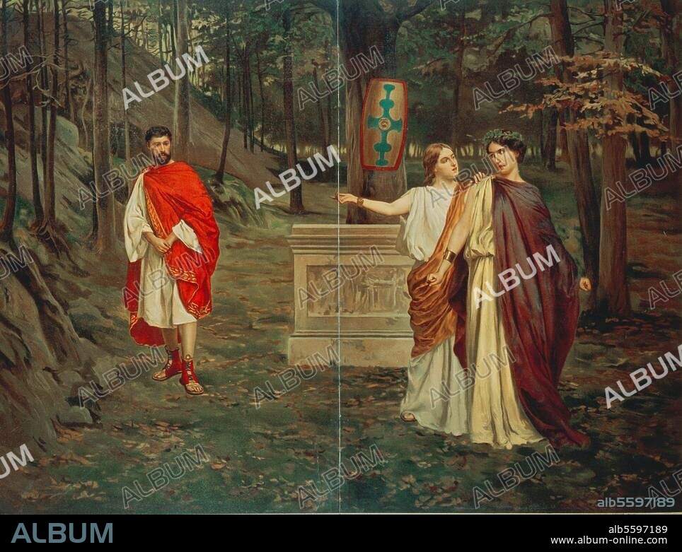 Bellini, Vincenzo; ital. Komponist; 1801-1835. Werke: Norma (Oper, Libr.: Felice Romani nach A.Soumet; UA Mailand 1831). Illustration zum 1. Akt: Norma, Adalgisa und Pollione. Farblithographie, anonym, Deutschland, Anfang 20. Jahrhundert. Aus einer Serie mit Illustrationen zur Oper Norma. Mailand, Civica Raccolta A.Bertarelli.