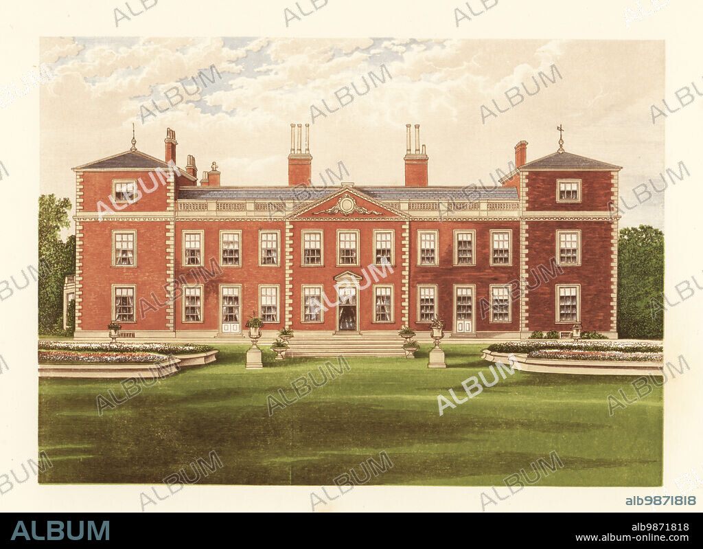 Euston Hall, Suffolk, England. Red-brick manor house designed by Matthew Brettingham in 1750 for Charles FitzRoy, 2nd Duke of Grafton. Park designed by landscape gardener John Evelyn. Colour woodblock by Benjamin Fawcett in the Baxter process of an illustration by Alexander Francis Lydon from Reverend Francis Orpen Morriss Picturesque Views of the Seats of Noblemen and Gentlemen of Great Britain and Ireland, William Mackenzie, London, 1880.