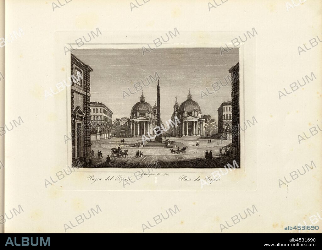 Piazza del Popolo 2, Piazza del Popolo in Rome, signed: G. Cottafavi dis., e inc, Taf. 14, Cottafavi, Gaetano (dis. e inc.), Gaetano Cottafavi, Gabriele Fontana, D. Amici, P. Parboni, A. Fornari, S. Bossi, Salvatore Busuttil: Souvenirs de Rome. [nicht ermittelbar]: [nicht ermittelbar], [1800].