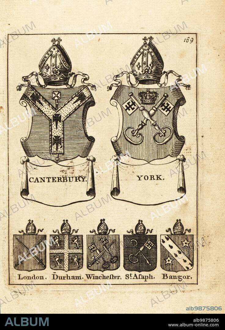 Coat of arms of the Bishops of Canterbury, York, London, Durham, Winchester, St. Asaph, and Bangor. Copperplate engraving by Andrew Johnston after C. Gardiner from Notitia Anglicana, Shewing the Achievements of all the English Nobility, Andrew Johnson, the Strand, London, 1724.