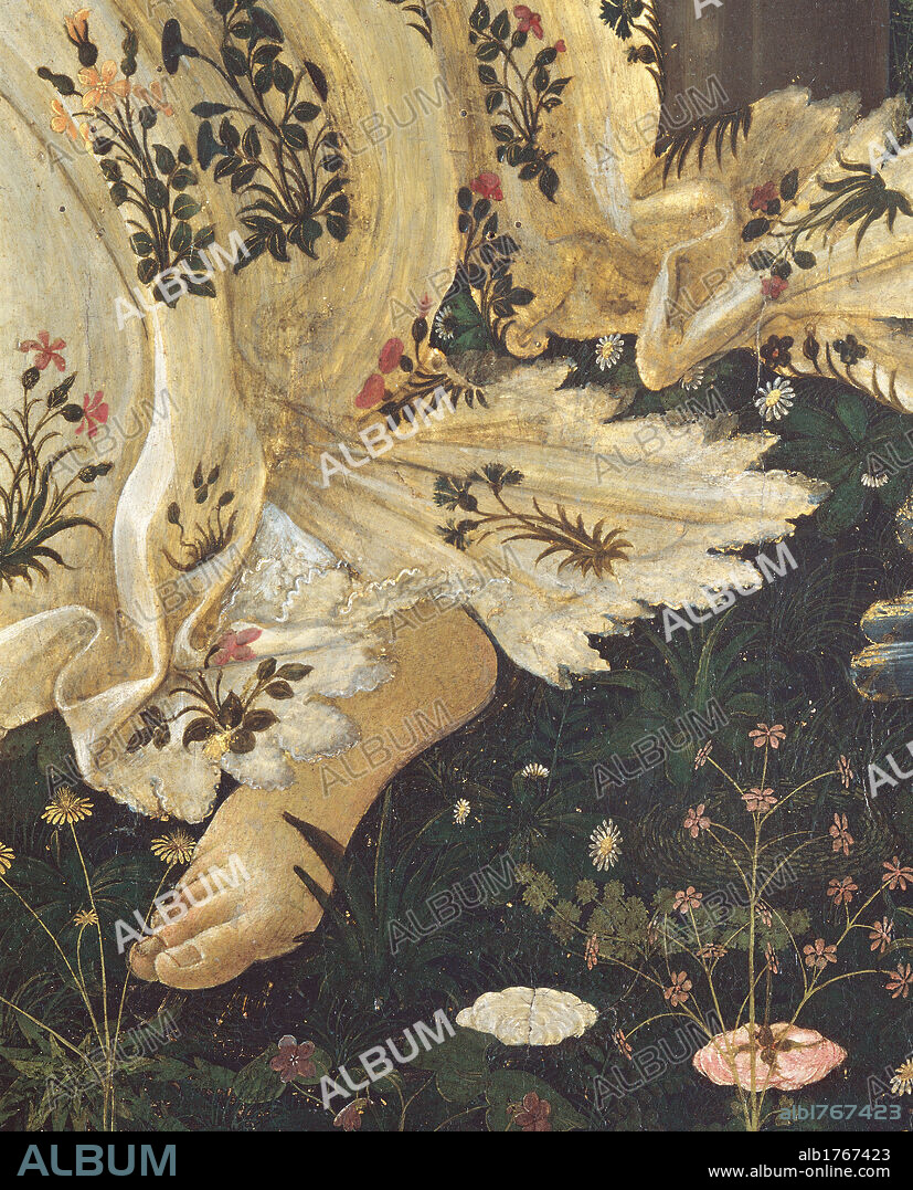 Primavera, by Sandro Filipepi Known as Botticelli, 1478 about, 15th Century, thick tempera on panel, cm 203 x 314. Italy, Tuscany, Florence, Uffizi Gallery. Eight poplar-wood panels, of varying widths and uniform thickness of 3cm joined at the back by two firwood crosspieces. Detail. Floras fine fabric tissue robe embroidered with flowers and edged with fine lace. A bare foot treads on a flowered meadow. Authorization required for non editorial use.