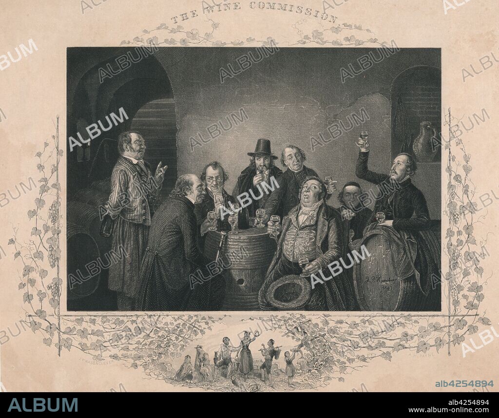 AH PAYNE. 'The Wine Commission', mid 19th century. Men seated round barrels in a cellar, tasting wine. Engraving after a painting.
