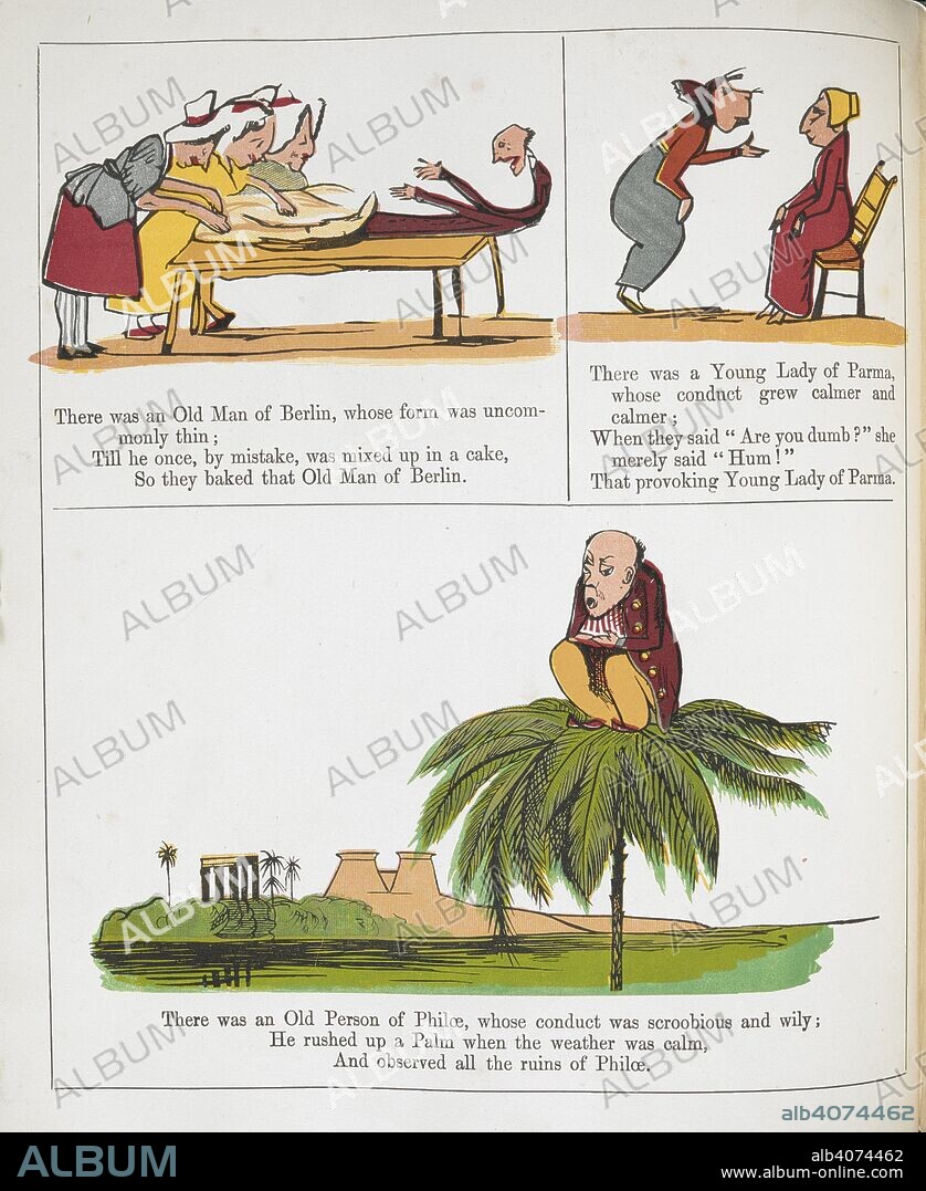 EDWARD LEAR. There was an old man of Berlin ... There was a young lady of Parma ... There was an old person of Philoe ... A Book of Nonsense. [With illustrations.]. London : Frederick Warne & Co., [1885?]. Source: 12332.dd.21 page 64.