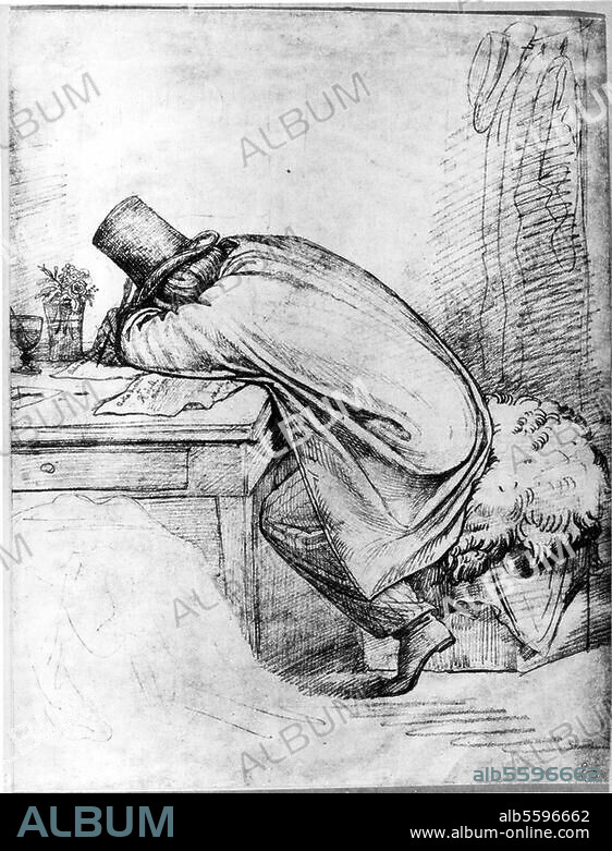 Kaulbach, Wilhelm von Maler Arolsen bei Kassel 15.10.1805 - München. 7.4.1874. Kaulbach, eingeschlafen über einem Brief an die Akademie in München. Zeichnung, um 1838/39, von Michael Echter (1812-1879).