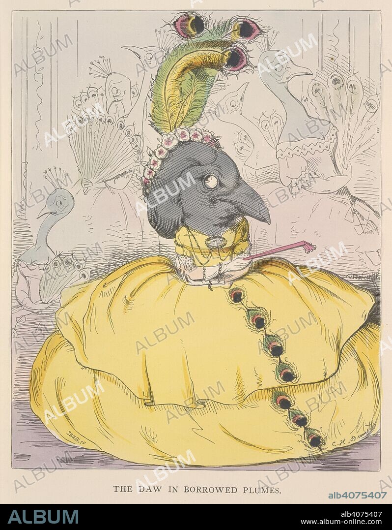 ESOPE, C. H BENNETT et J SWAIN. The daw in borrowed plumes. The Fables of Ã†sop and others. Translated into hum. W. Kent & Co.: London, 1857. A rich vulgar daw at a ball.  Image taken from The Fables of Ã†sop and others. Translated into human nature, designed and drawn on the wood by Charles H. Bennett, etc.  Originally published/produced in W. Kent & Co.: London, 1857. . Source: 12305.g.11, opposite 7. Language: English.