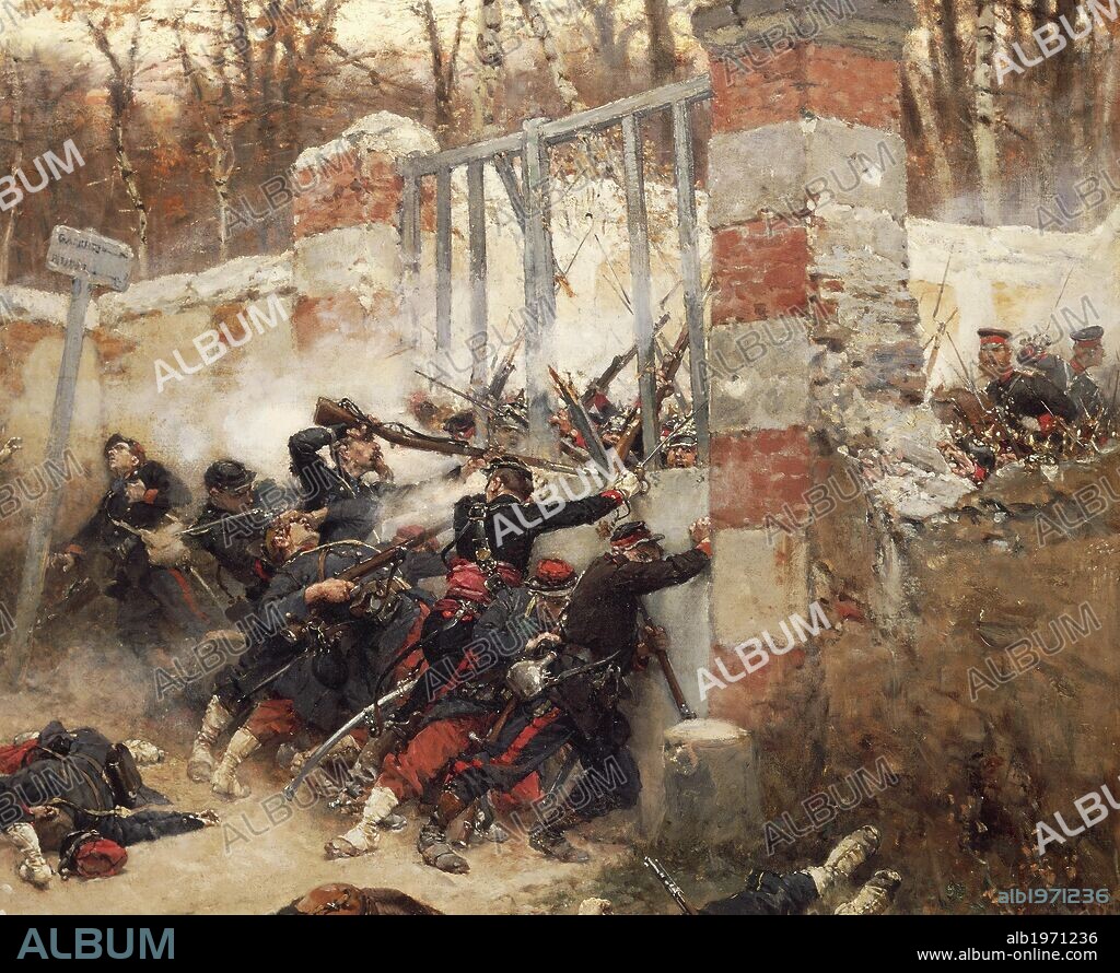 Defence of Longboyau's gate, chateau of Buzenval, October 21, 1870, by Alphonse de Neuville (1835-1885). Franco-Prussian War, France, 19th century.