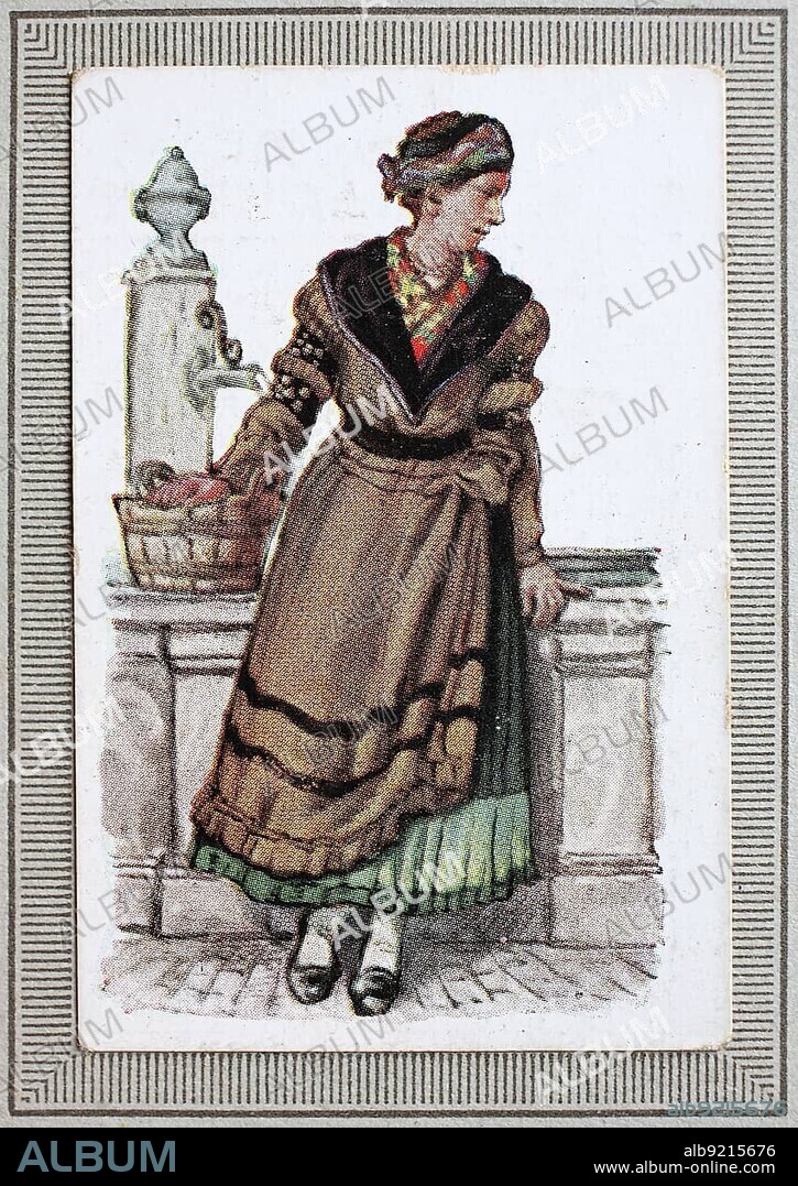 Traditional Costumes in Germany in the 19th century, Thuringia, Girl from the Thuringian Forest, Historic, digitally restored reproduction from a collector's picture from ca 1910.