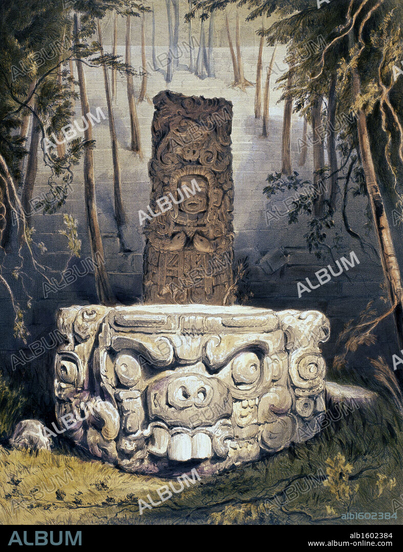 Idol and Altar, at Copan  1844  From "Views of Ancient Monuments in Central America, Chiapas and Yucatan"  Frederick Catherwood (1799-1854 British)  Color Lithograph.