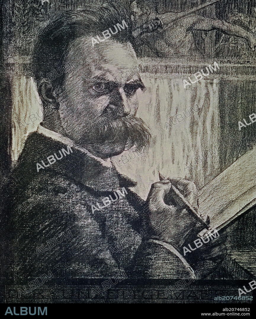 KARL BAUER. Karl Baver. Portrait of Friedrich Nietzsche (1844-1900), German philosopher and philologist. Lithograph.