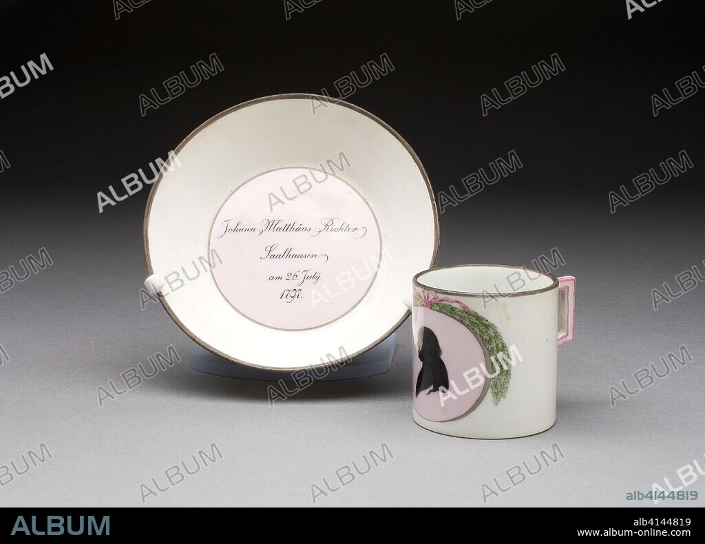 Cup and Saucer. Meissen Porcelain Manufactory; German, founded 1710; Decorated by Samuel Mohn; German, 1761-1815. Date: 1797. Dimensions: Cup: H. 5.6 cm (2 3/16 in.); diam. 5.6 cm (2 3/16 in.); Saucer: H. 2.7 cm (1 1/16 in.); diam. 12.5 cm (4 15/16 in.). Hard-paste porcelain with polychrome enamel decoration. Origin: Meissen.