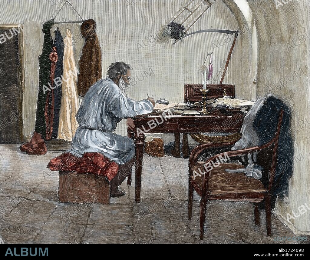 TOLSTOJ, Lev Nikolaevic, conde (1828-1910). Novelista y pensador ruso. "El escritor en su gabinete de trabajo". Grabado de Mancastropa para "La Ilustración Artística" (1892). Coloreado.