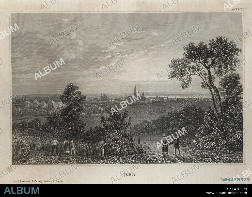 Vista general de Bonn (Alemania), ciudad natal del compositor Ludwig van Beethoven. Grabado de la primera mitad del siglo XIX.
