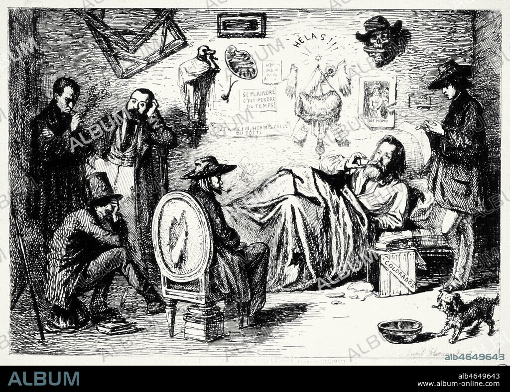 Charles BAUDELAIRE (1821-1867) au bureau du Journal Sans le Sou. Quasiment tous les protagonistes fument la pipe, probablement du hashish car Nerval et Baudelaire etaient connus pour utiliser cette substance... Gravure tiree de ' Paris s'en va, Paris s'en vient ', Cadart, Paris, vers 1860. Credit : Collection KO/KHARBINE-TAPABOR.