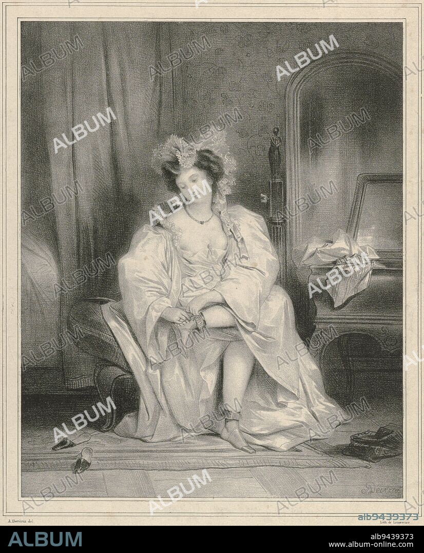 Young woman takes off brodequin Le brodequin, The brodequin Women's garments , print maker: Achille Devéria, (mentioned on object), printer: Joseph Rose Lemercier, (mentioned on object), publisher: Henri Jeannin, (mentioned on object), print maker: Paris, printer: Paris, publisher: Paris, publisher: London, publisher: New York (city), 1831, paper, h 370 mm × w 257 mm.