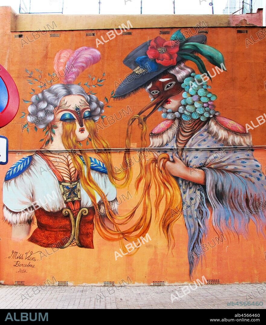 Pintura surrealista en aerosol de dos personajes estilo veneciano.