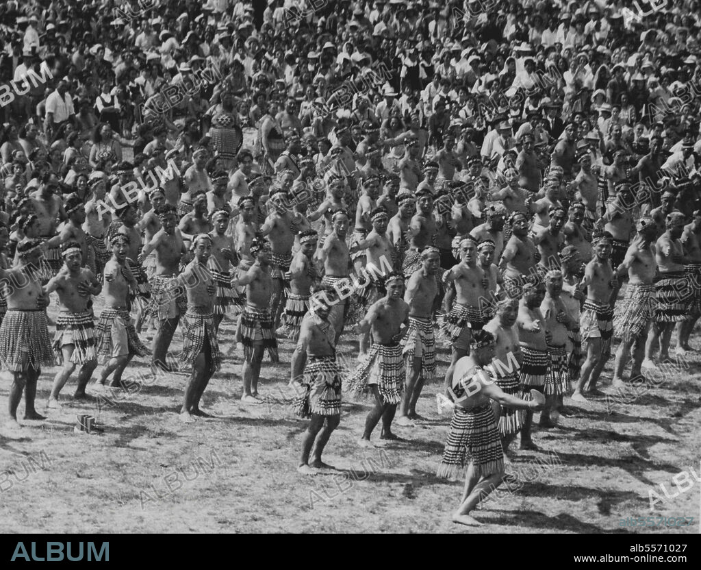 Maori warriors from the Tarawa Tribe dancing the Haka for the Queen, at Rotorua. January 12, 1954.