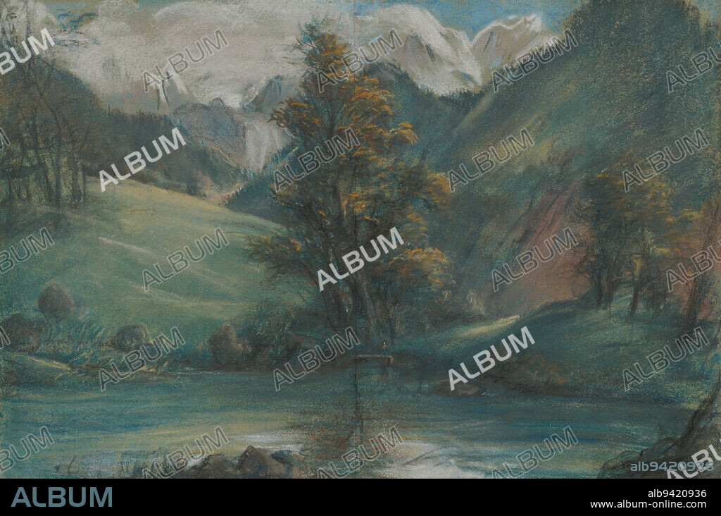 Vue du lac de Challes et du Mont Blanc (View of the Lake of Challes and Mont Blanc), 1807-1808, Elisabeth Louise Vigée-Le Brun, French, 1755 - 1842, 9 x 13 3/8 in. (22.9 x 34 cm) (image)16 x 20 3/8 in. (40.64 x 51.75 cm) (outer frame), Pastel on blue-green paper, two sheets joined, France, 19th century, Sometimes it is a tourist who can best appreciate the special qualities of a place. The French artist Élisabeth Louise Vigée-LeBrun, spending the summers of 1807 and 1808 in Switzerland, found the picturesque alpine landscape inspiring. Her many letters home describe her exhilaration at the sight of this breathtaking scenery. Following an excursion to view Mont Blanc, which gleams brightly at the top of this pastel, she wrote of the radiant colors of the landscape and play of light, 'I was seized with a desire to paint this reflected light; quickly I snatched up my pastels.