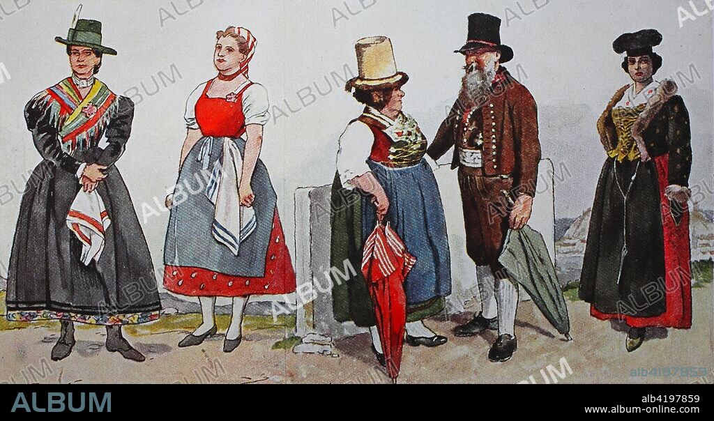 Fashion, costumes, clothes in Austria 1850, from left, costume in Seewiesen, Styria, costume in Tullnerboden, Lower Austria, old couple from Zell am See um1900 and a Styrian woman from Graz, Styria, digital improved reproduction from an original from the year 1900.