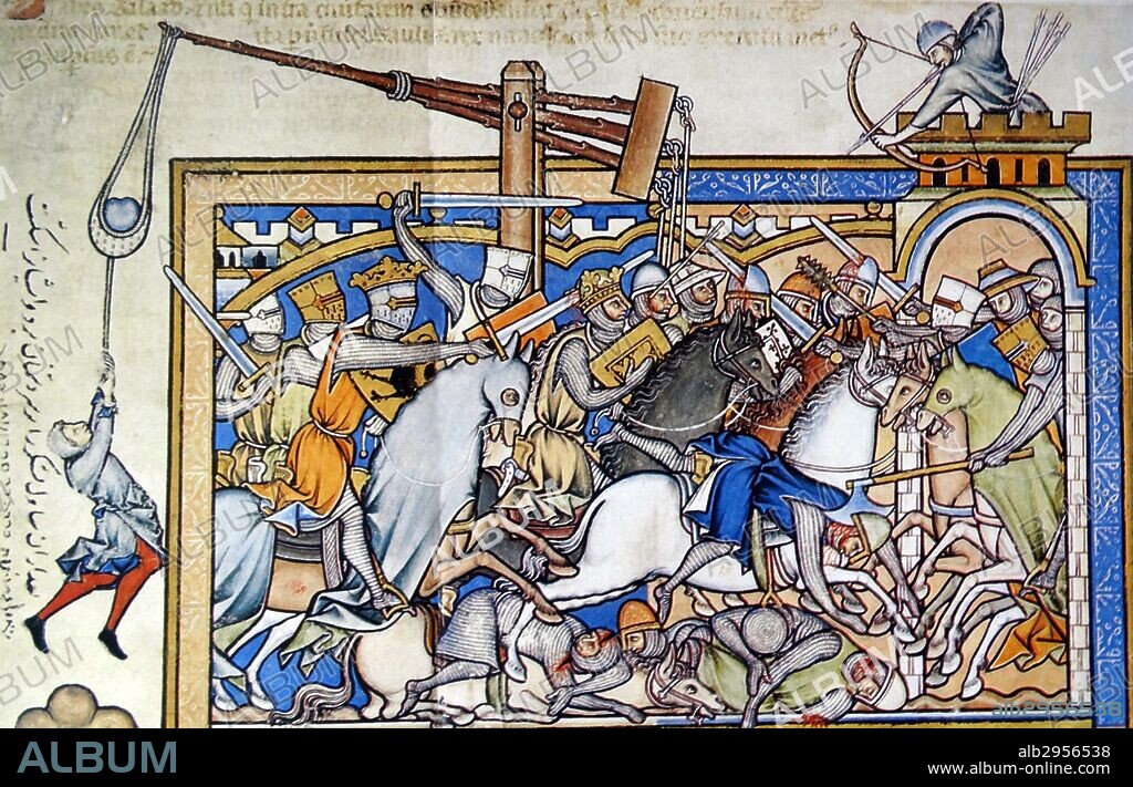 Mediaeval battle scene depicts knights in chain-mail and helmets. Their arms include heavy sword for hacking, mace, battle-axe, arrows and a catapult for hurling rocks. Dated 13th Century.