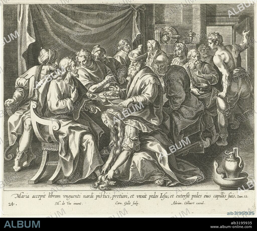 Mary Magdalene washes the feet of Christ, print maker: Cornelis Galle I, Maerten de Vos, 1598 - 1618.