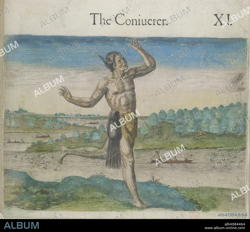 THEODOR DE BRY, WILLIAM STRACHEY and JOHN WHITE. 'The Conjurer'. Engraving of a conjurer or magician in a dancing posture. He has a girdle round his waist, from which in front hangs a skin, folded over to show the animal mask; and at the side, a bag made from skins, with a long fringe. Attached to the left side of his head is a bird with wings outspread. The figure is set against a landscape with figures fishing and hunting wildfowl from canoes, and deer on land. Travels through Virginia. [From Theodor De Bry's 'America', Vol. I, 1590, after a drawing of John White]. England; 1618. Source: Sloane 1622, f.80. Language: English.