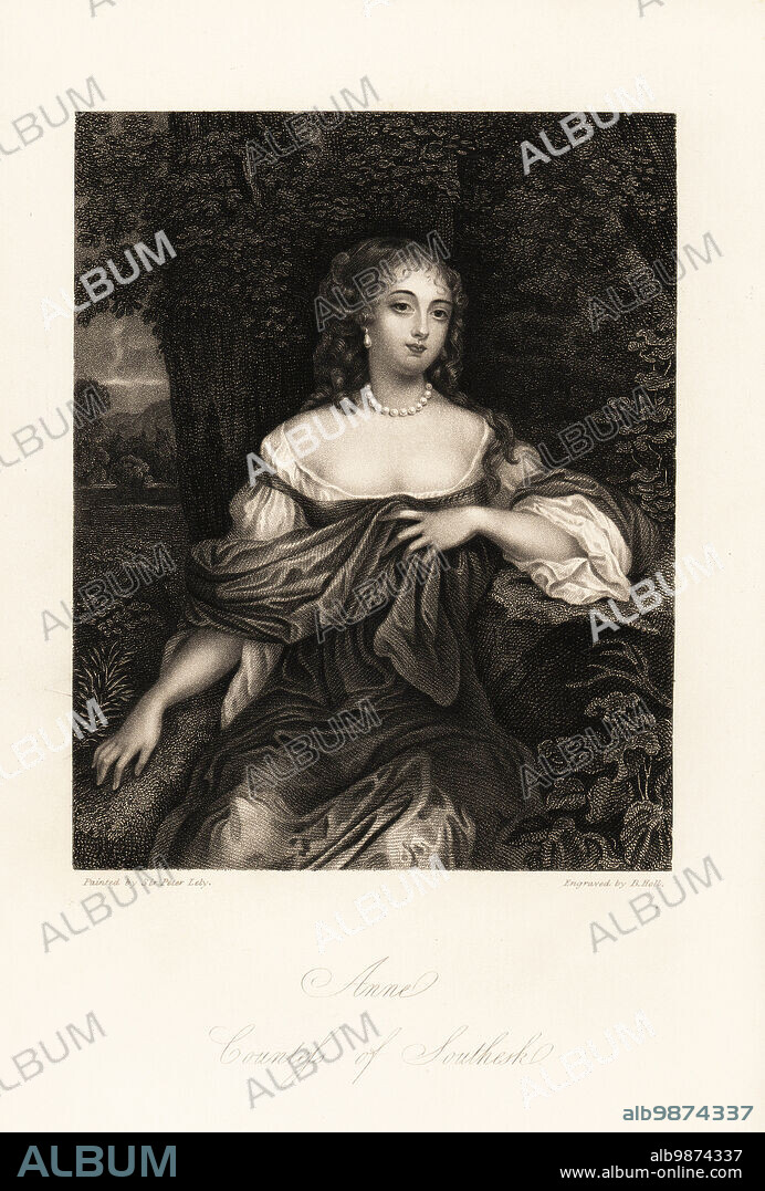 Portrait of Anne Carnegie, Countess of Southesk, wife to James Carnegie, formerly Lady Anne Hamilton, notorious for her affair with the Duke of York, c.1627-1682. Steel engraving by B. Holl after a portrait by Sir Peter Lely from Mrs Anna Jamesons Memoirs of the Beauties of the Court of King Charles the Second, Henry Coburn, London, 1838.