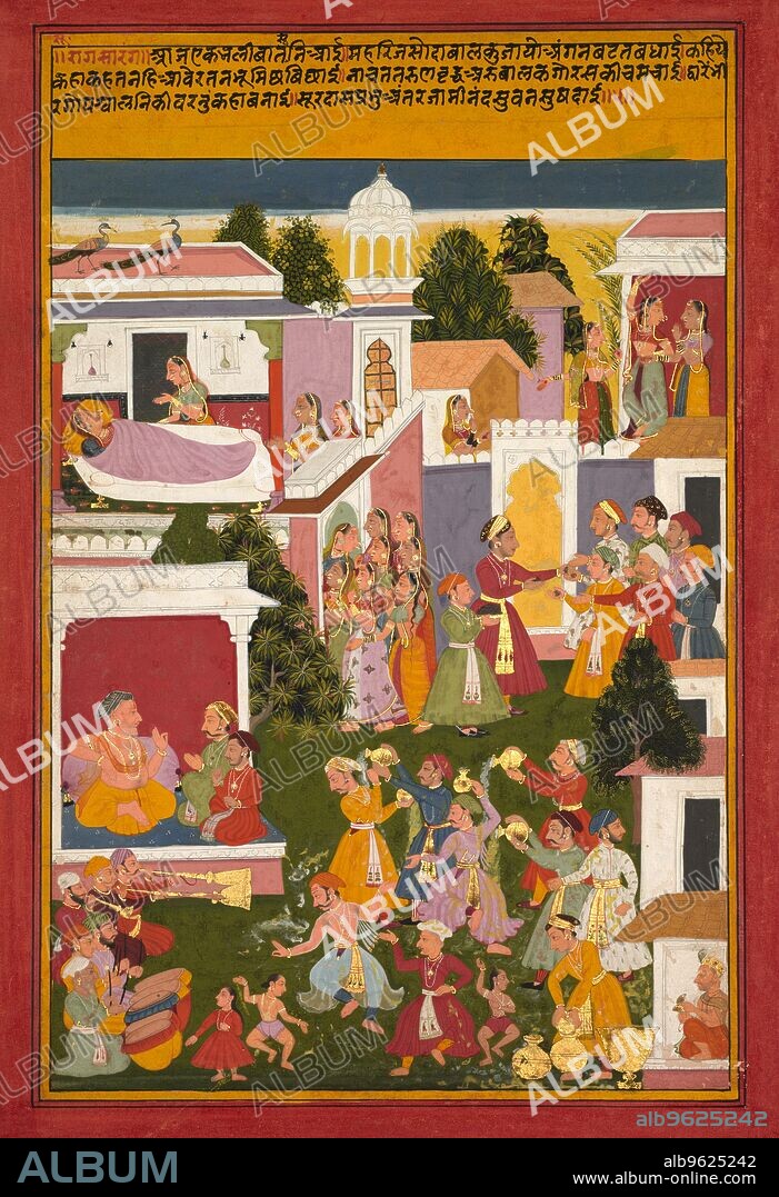 The Birth of Krishna, from a Sursagar of Surdas, c. 1700. The blind poet and Hindu saint Surdas (1578/79-c. 1581), a devotee of Krishna, is shown in the hut at the lower right corner playing cymbals to measure meter as he recites his poem, called  Sursagar . Verse 5 is written at the top of the page, and the scenes of festivities surrounding the arrival of the newborn Krishna are depicted throughout the rest of the painting. His adoptive mother Yashoda lies with the infant in the chamber at the upper left. His dark skin led to his being named Krishna, meaning dark, and shown as blue. Women clamor at her door to see the baby, as the men of the village receive silver coins being distributed on behalf of Nanda, the village elder and Krishna’s adoptive father, who is seated at the left receiving two well-wishers. Below, men and children of the cowherd village celebrate by pouring pots of curds and ghee over each other and dancing to the sounds of horns and drums.