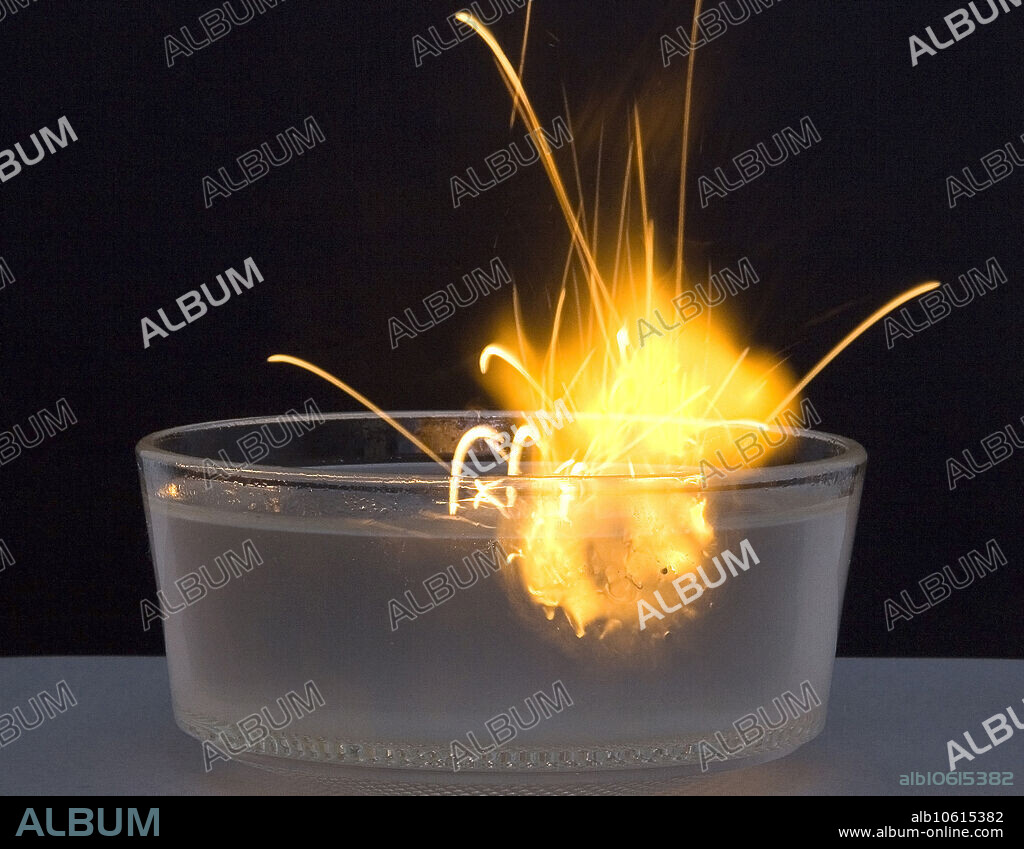 Sodium reacting with water. Chemical reaction between sodium (Na) metal and water (H2O). The reaction gives off hydrogen (H) gas and produces a solution of sodium hydroxide (NaOH), a strong base. The equation for this reaction is: 2Na + 2H20 ----> 2NaOH + H2.