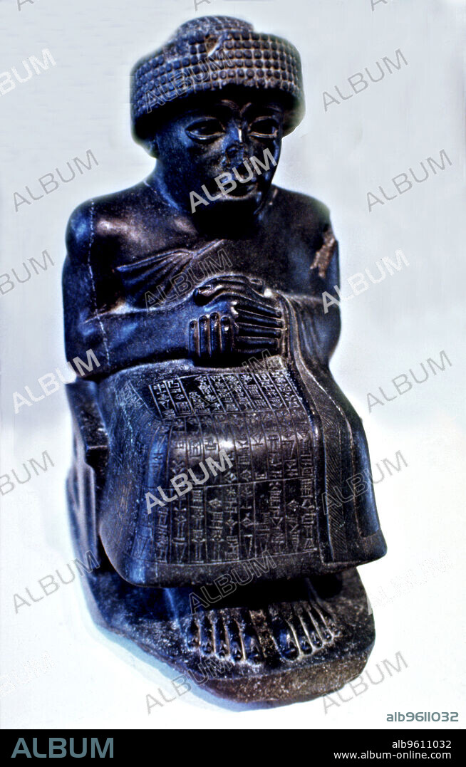 Seated statue of Gudea, prince of Lagash city', one of many Sculptures dedicated to this ruler whose domain was a revival in economics, construction, commercial and crafts of the city of Lagash, made in diorite.