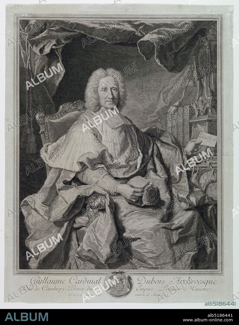 Portrait of Guillaume Cardinal Dubois (1650-1723), Pierre-Imbert Drevet, French, 1697 - 1739, Hyacinthe Rigaud, French, 1659 - 1743, Engraving on paper, Three-quarter length portrait of the prelate, seated, turned toward the right, looking out at the spectator. He wears the robes of his office. Title and arms in margin below. Signed and dated in frame, lower right., France, 1724, Print, Print.