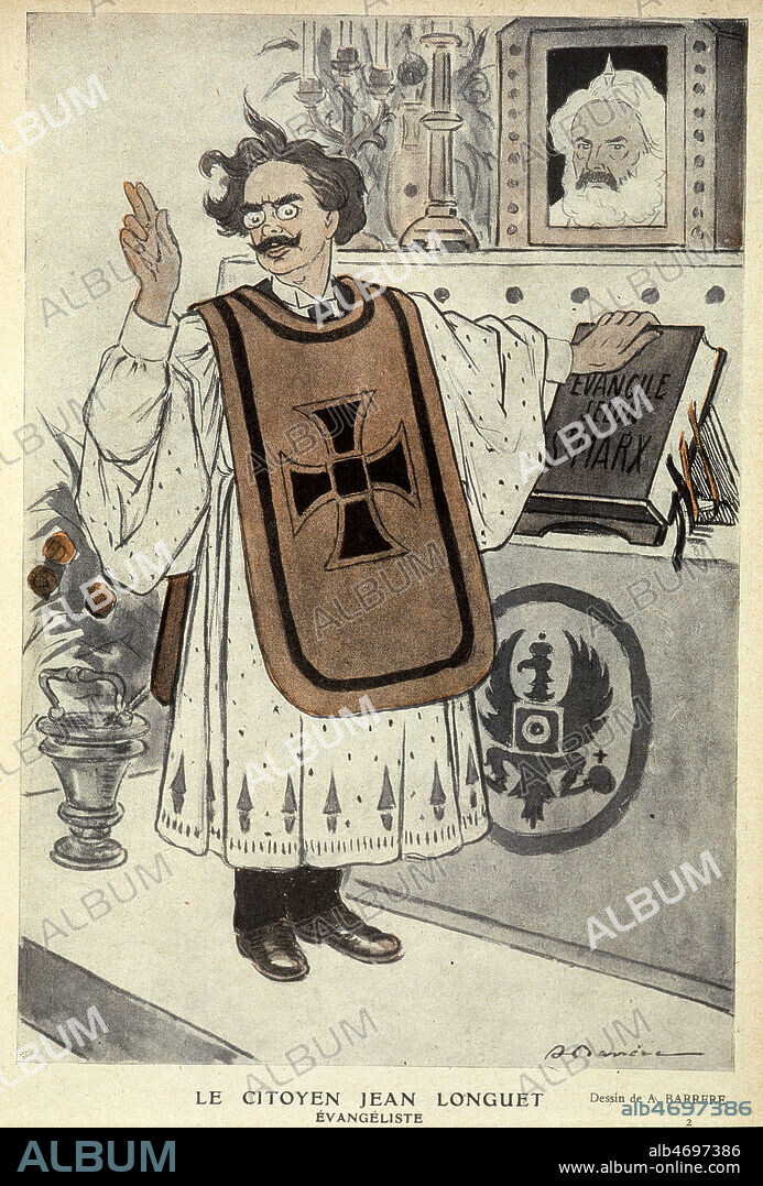 ' Le citoyen Jean Longuet, evangeliste ' Jean Longuet (1876 -1938) membre important de la SFIO, petit-fils de Karl Marx. illustration de Adrien BARRERE (1874-1931) in Fantasio du 01/07/1917. Credit : Collection KHARBINE-TAPABOR.