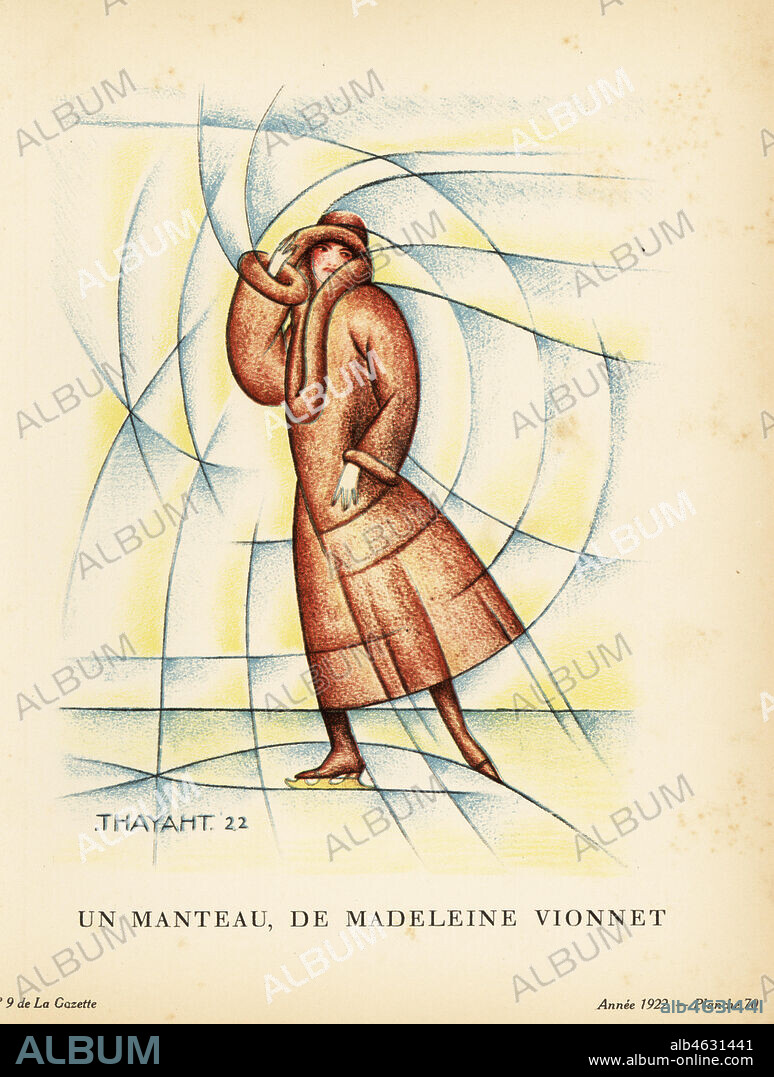 Woman skating wearing a winter coat designed by Madeleine Vionnet. Un manteau de Madeleine Vionnet. Plate 70, Vol. 2.9, 1922. Handcoloured pochoir lithograph by Ernesto Michahelles (Thayaht) from Lucien Vogels Le Bon Genre: 100 Plates from Gazette du Bon Ton, Brentanos, Paris, 1922.