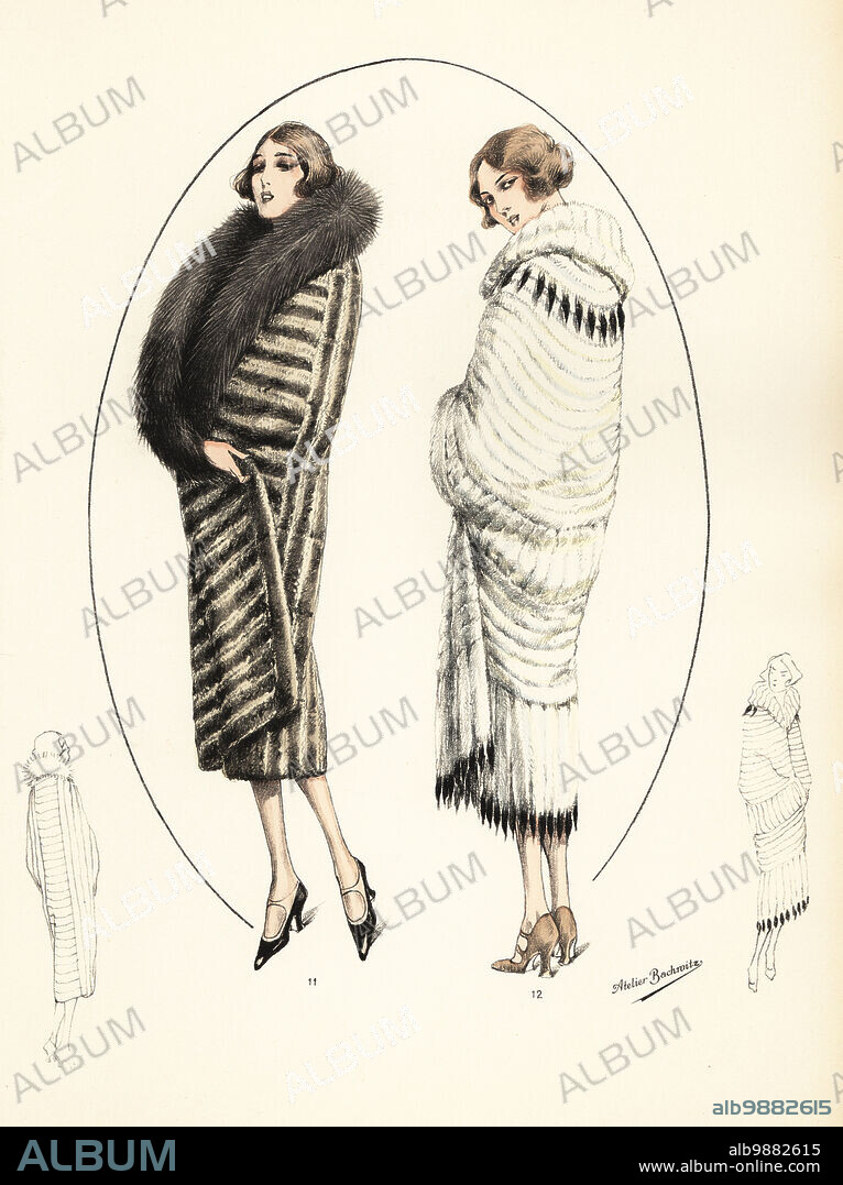 Fashionable women in curly short bob haircuts and luxurious fur coats. Woman in evening wrap of chinchilla with blue fox collar 11, woman in ermine coat with tails and cape sleeves 12. Cape du soir en chinchilla 11, manteau d'hermine 12. Handcoloured lithograph from Modeles Originaux de Fourrures, Original Models in Fur, No. 17, Atelier Bachwitz, Vienna, 1926.