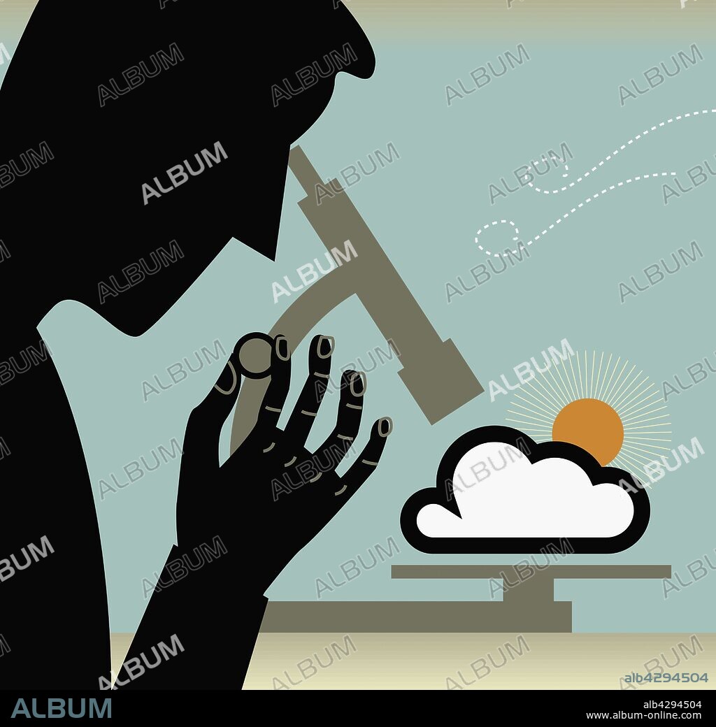 Scientist looking at cloud and sun through microscope.