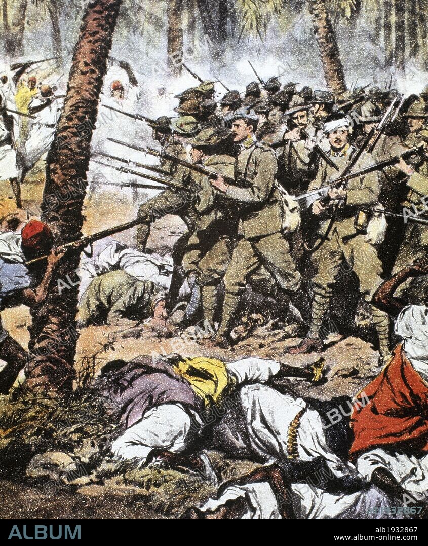 IMPERIALISMO ITALIANO. LIBIA (AFRICA). En 1912 los sanusíes Muhammad al-Mahdi y su hijo, se enfrentaron contra Italia, que se había apoderado de Libia después de su victoria contra los turcos en 1911. "TROPAS ITALIANAS EN MISURATA LUCHANDO CONTRA LOS ARABES" (8 de julio de 1912). La batalla produjo 142 muertes. "La Domenica del Corriere".