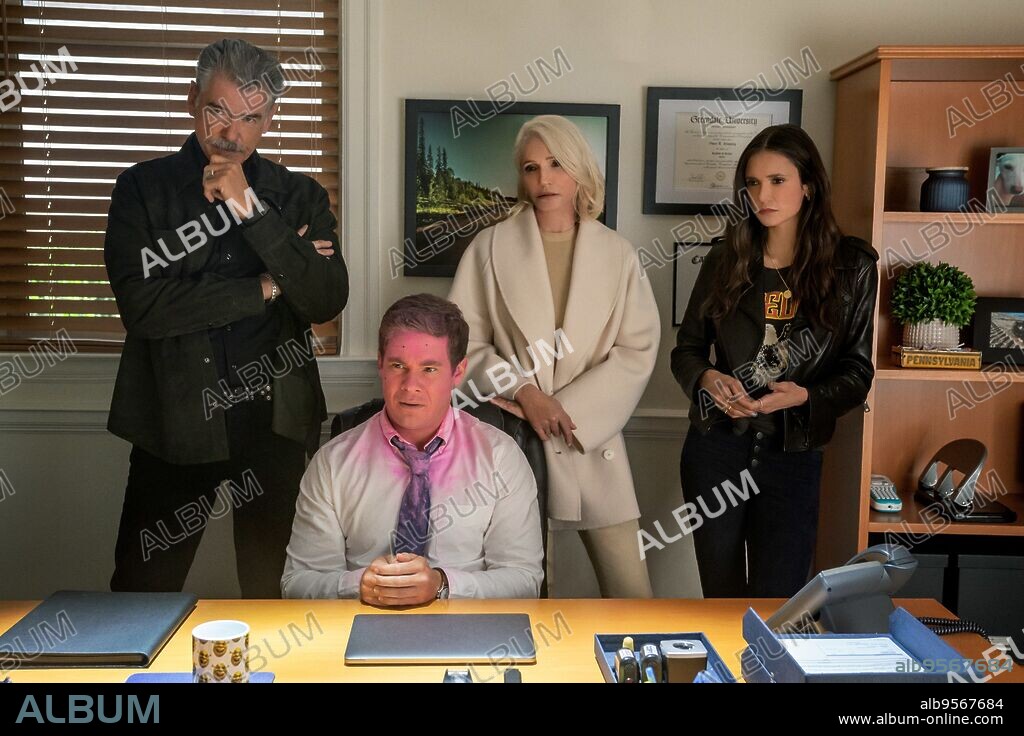 ADAM DEVINE, ELLEN BARKIN, NINA DOBREV and PIERCE BROSNAN in THE OUT-LAWS, 2023, directed by TYLER SPINDEL. Copyright HAPPY MADISON PRODUCTIONS.