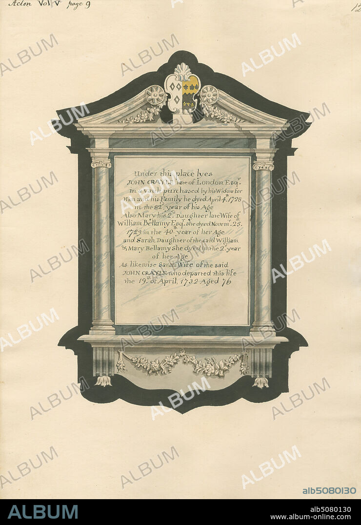 Memorial to John Crayle his wife, Sarah and his two Daughters, Mary and Sarah from Acton Church, Attributed to Daniel Lysons, 17621834, British, between 1796 and 1811, Pen and black ink, watercolor and gouache over graphite on medium, slightly textured, cream wove paper, Sheet: 14 5/8 × 10 5/8 inches (37.1 × 27 cm), architectural subject, church, memorial, Acton, England, Greater London, London, St Mary's Church, United Kingdom.