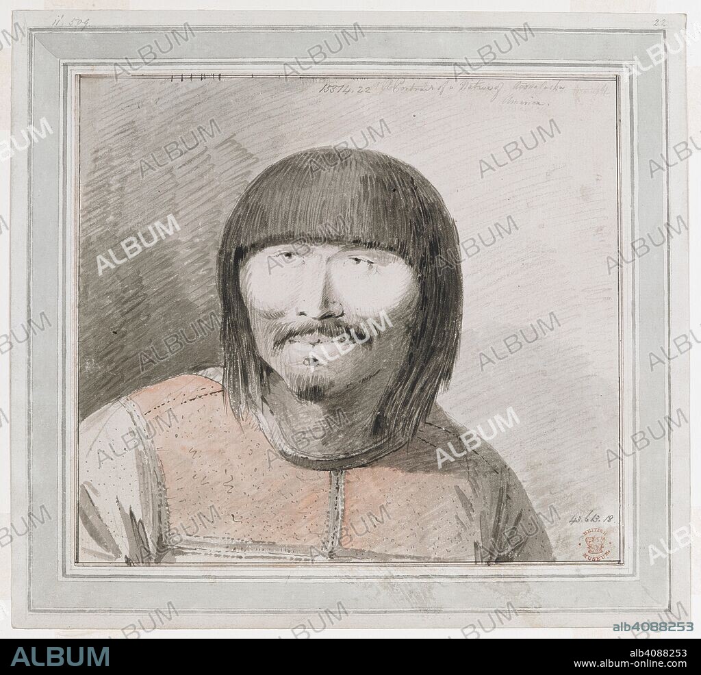 JOHN WEBBER and J WEBBER. Aleut man of Unalaska Island.  Portrait of a Native of Unalaska, showing the head and shoulders of a man. Ninety drawings, some in Indian ink, some coloured, executed by J. Webber during the Third Voyage of Captain Cook, 1776-1780. 1778. Wash and watercolour. Source: Add. 15514, no.22. Language: English.