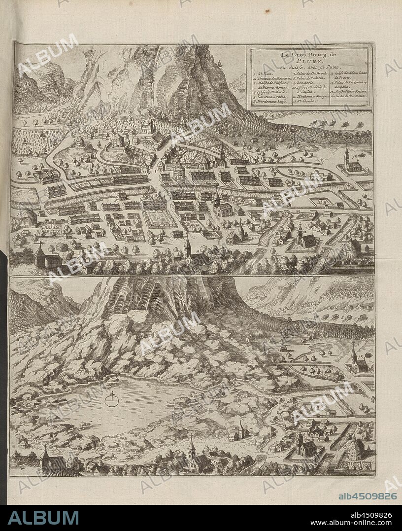 The big village of Plurs, Switzerland, with its ruin, View of Piuro (Plurs) in Lombardy before and after the landslide, to p. 106, Merian, Matthäus, 1723, Johann Jakob Scheuchzer: Ouresiphoites Helveticus, sive, itinera per Helvetiae alpinas regiones facta annis MDCCII, MDCIII, MDCCIV, MDCCV, MDCCVI, MDCCVII, MDCCIX, MDCCX, MDCCXI (...). Lugduni Batavorum [Leiden]: typis ac sumptibus Petri van der Aa, MDCCXXIII [1723].