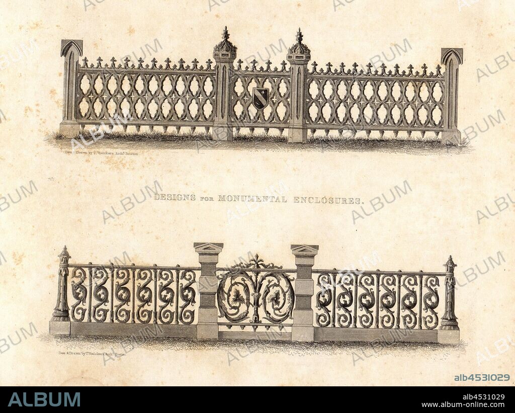 Designs for monumental enclosures, Copper engraving, fencing in Mount Auburn Cemetery, Boston. Signed: Des., & Drawn by T. Voelckers, Fig. 3, Voelckers, T. (inv. et del.), Nehemia Cleaveland, Cornelia W. Walter, James Smillie: The rural cemeteries of America; Greenwood and Mount Auburn cemeteries [...]. New York: Martin & Johnson, 1847.