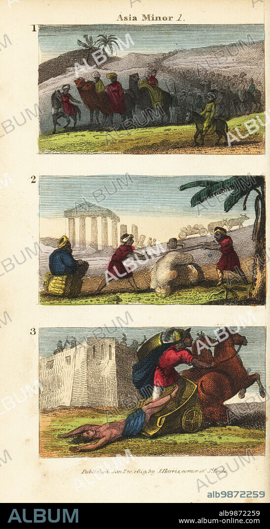 Historical views of Asia Minor. Turkish pilgrims in a Hajj caravan over the desert to Mecca 1, Turks destroying Greek statues 2, and Achilles dragging the dead body of Hector outside Troy 3. Handcoloured copperplate engraving from Rev. Isaac Taylors Scenes in Asia, for the Amusement and Instruction of Little Tarry-at-Home Travelers, John Harris, London, 1819.