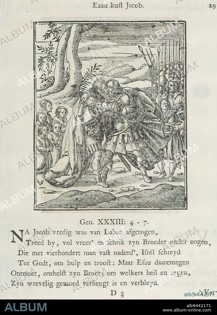 Reconciliation of Jacob and Esau, Esau kisses Jacob (title on object), Esau and Jacob embrace each other and decide to make peace. Behind Jacob are his wives and children. Behind Esau are his soldiers., print maker: Christoffel van Sichem (II), (mentioned on object), print maker: Christoffel van Sichem (III), (mentioned on object), publisher: Jan Klooster, Amsterdam, 1645 - 1646 and/or 1740, paper, letterpress printing, height 105 mm × width 86 mm, height 169 mm × width 125 mm.