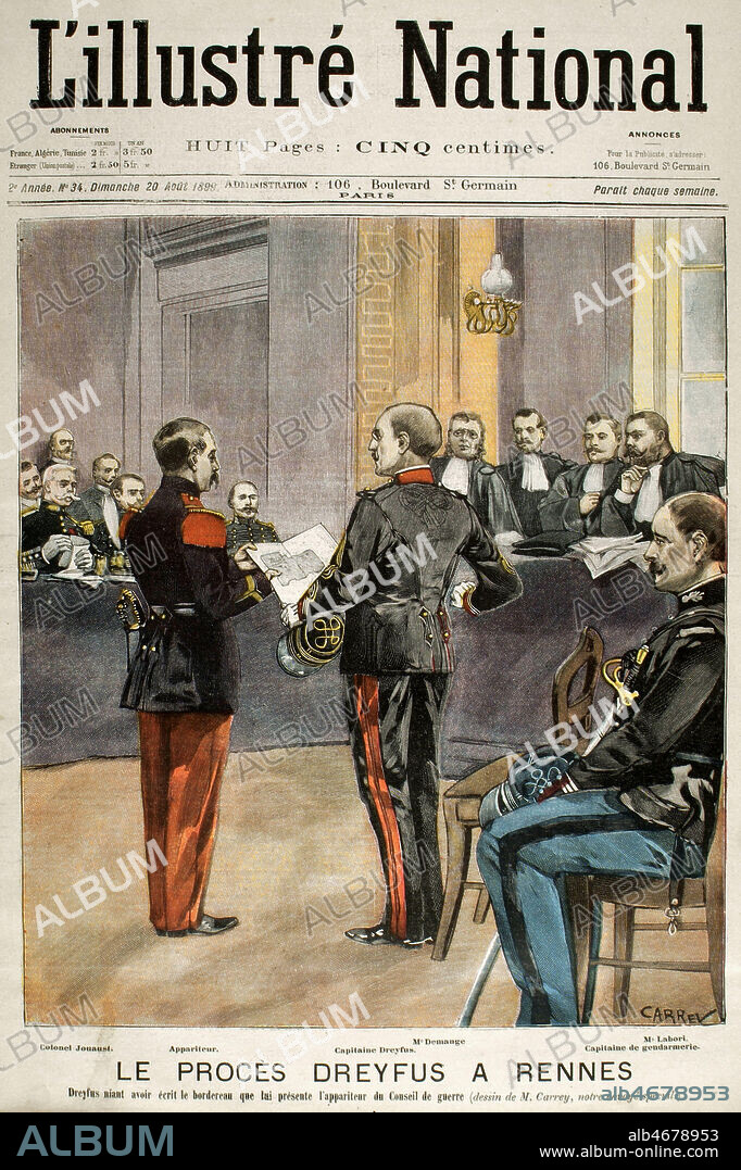 Affaire Dreyfus : Le proces a Rennes. Alfred DREYFUS niant avoir ecrit le bordereau que lui presente l'appariteur du Conseil de Guerre. Illustration de CARREY pour L'Illustre national du 20 aout 1899. Credit : Collection Jonas/KHARBINE-TAPABOR.