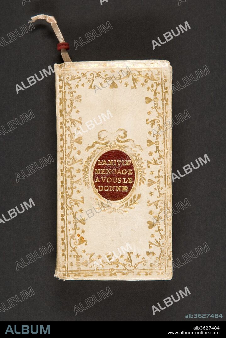 Almanach de Normandie pour l'année bissext. 1788. Dimensions: 139 pages, Height : 3 15/16 in. (10 cm). Publisher: Chez La Veuve Besongne & Fils. Date: [1787].
White leather binding; both covers gold-stamped with a border of flowers, hearts, and stars, and cartouches depicting a wreath tied with a bow. At the center of the wreath is the motto L'amitie Mengage a vous le donne (friendship makes me give it to you).
