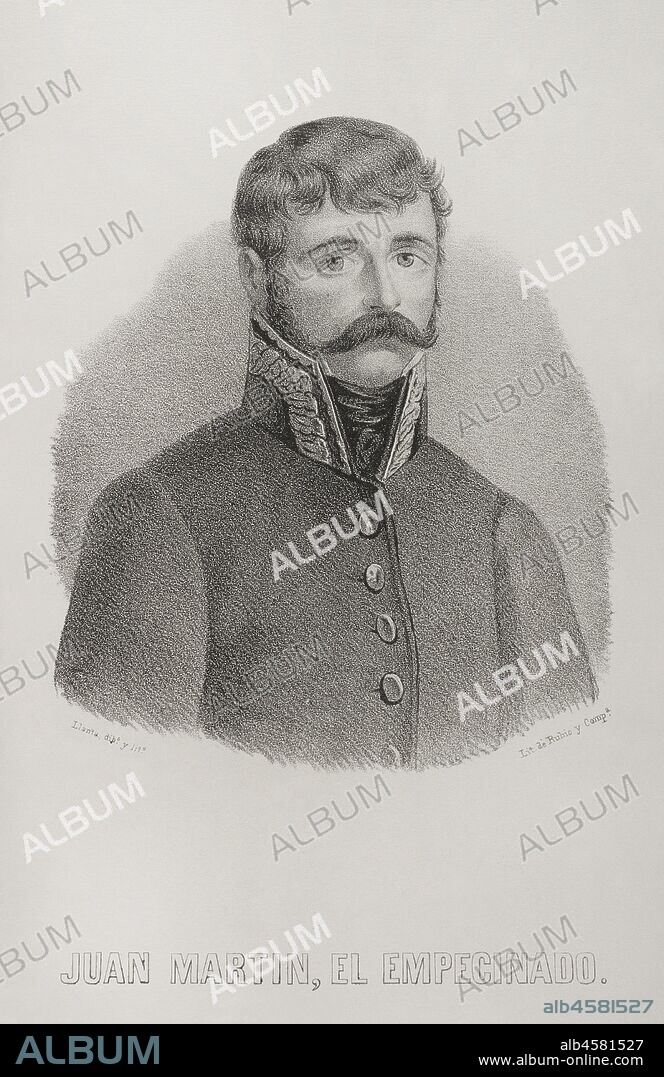Juan Martín Díez, llamado"El Empecinado" (1775-1825). Militar español, héroe de la Guerra de la Independencia Española. Dibujo por Llanta. Litografía. Crónica General de España, Historia Ilustrada y Descriptiva de sus Provincias. Castilla-La Vieja,1870. Biblioteca Histórico Militar de Barcelona, Cataluña, España.